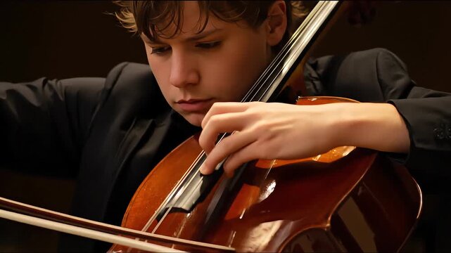 Focused cellist performing a solo classical piece during orchestra concert