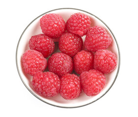 Fresh Red Raspberries in White Bowl on White Background