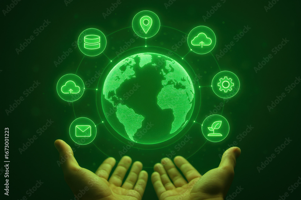 Poster digital globe with technology icons and open hands glowing in green light