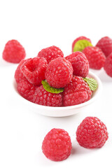 Fresh Red Raspberries with Mint Leaves in White Bowl on Clean Background