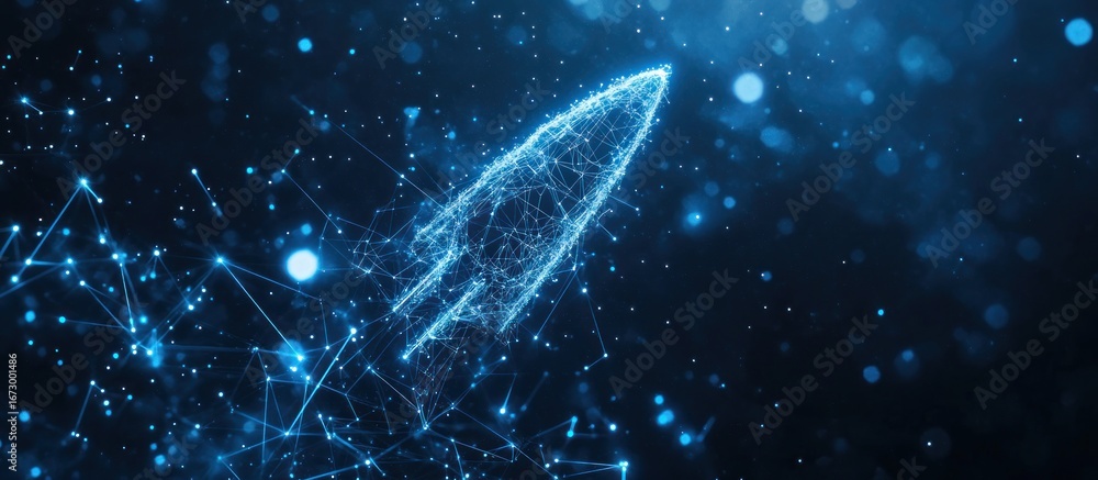 Poster abstract image of rocket of a starry sky or space, consisting of points, lines, and shapes in the fo