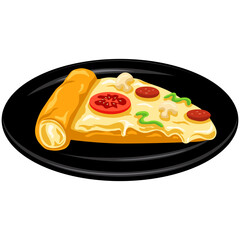 Pizza Slice on Black Plate Vector Illustration