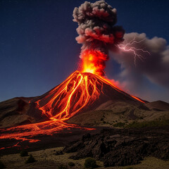 burning volcano in the clouds