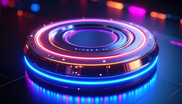 Futuristic circular podium with vibrant neon lights