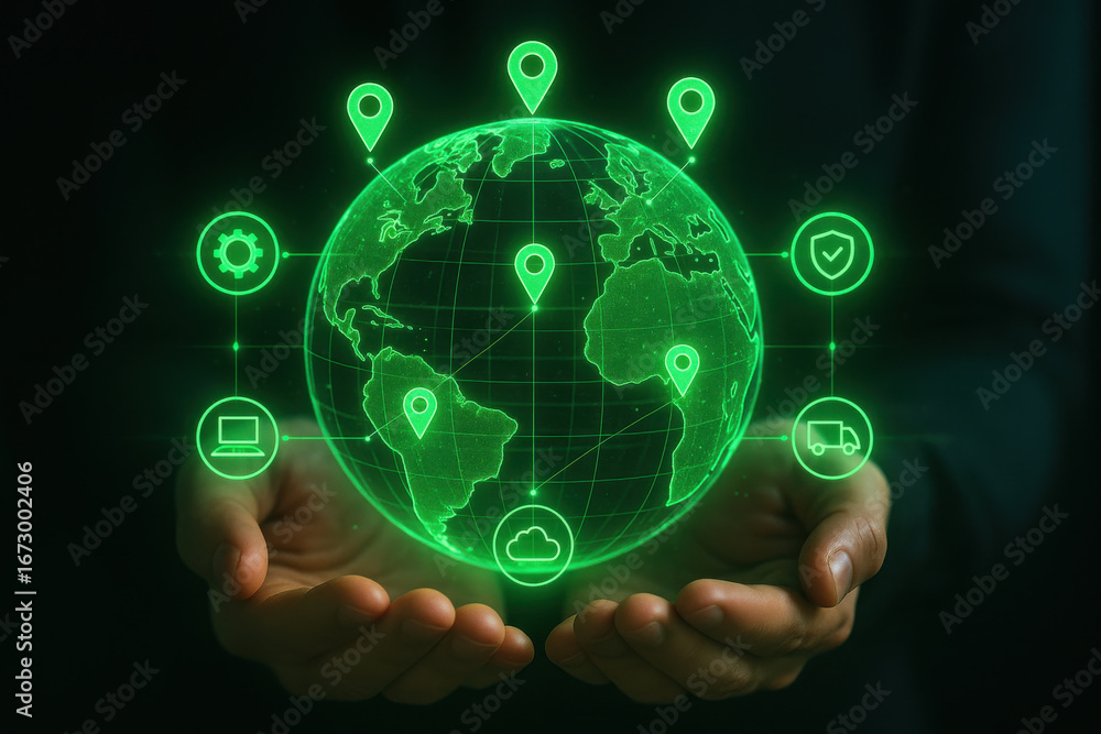 Poster global network connection with digital map and location pins glowing in hands