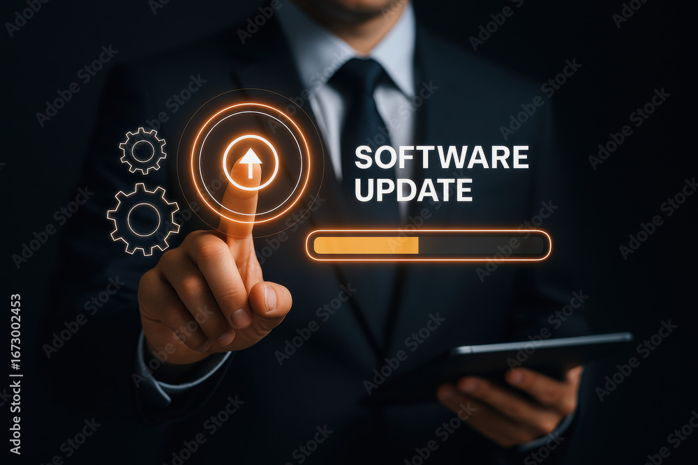 Poster software update progress concept with businessman pressing digital button