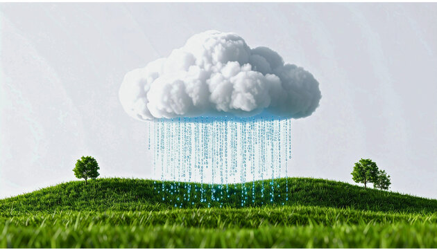 Cloud computing and green technology concept. Digital data rain in the form of binary code falling from a cloud onto a lush green landscape.

