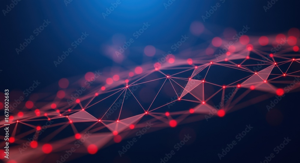 Poster abstract network of glowing red nodes and lines on dark blue background
