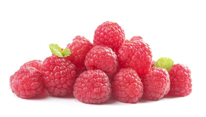 Fresh Red Raspberries with Mint Leaves on White Background - Healthy Organic Fruit