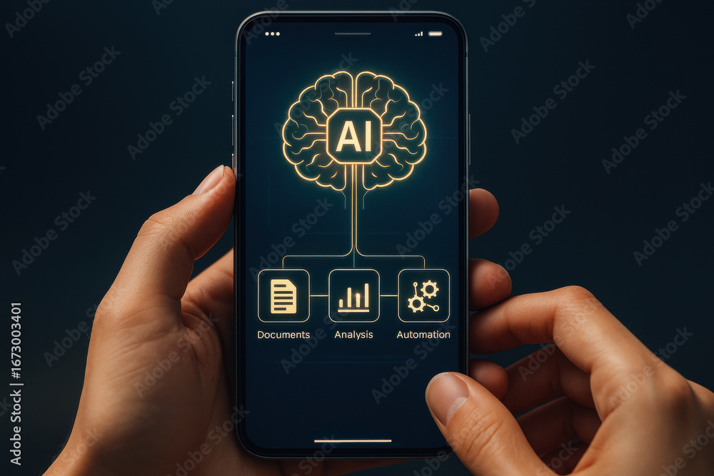 Poster artificial intelligence concept on smartphone screen with hands holding device