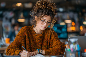 Woman sitting at desk, using computer and writing innotebook