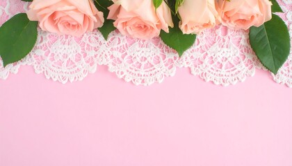 Soft Pink Roses and Delicate Lace Border on a Pastel Background.