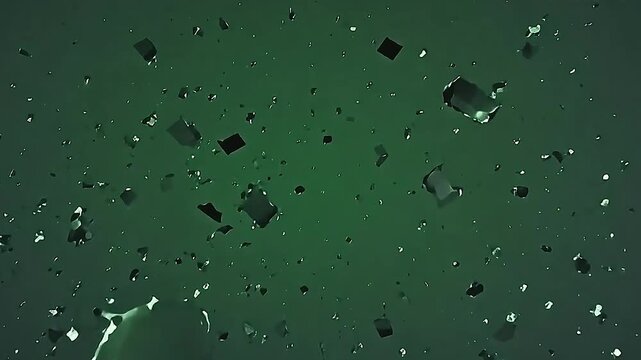 The digital interface fractures with explode pixel glitch screen shards exploding outward, pixel pieces drifting crisply on a uniform green background for perfect post-production.