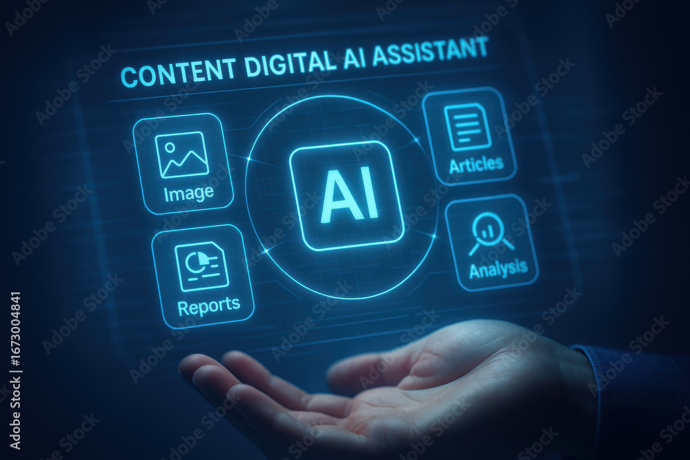 Poster ai digital assistant concept with hand and futuristic holographic interface showing content