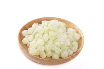 Green Winter Melon Candy in Wooden Bowl on White Background