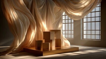 Golden curtain and boxes in room