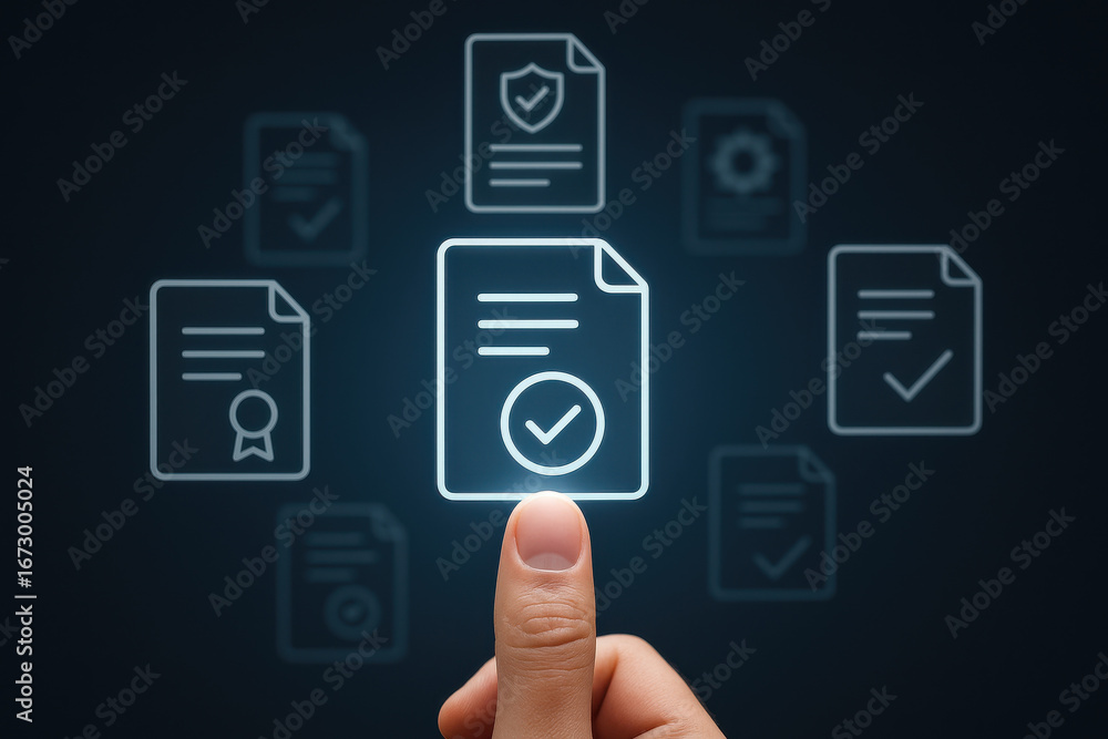 Aufkleber digital document approval concept with finger selecting verified file icon