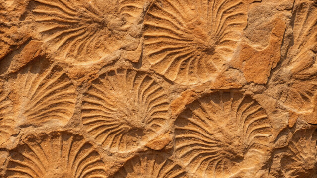 Close up of ancient fossilized shells embedded in sandstone ammonite prehistoric