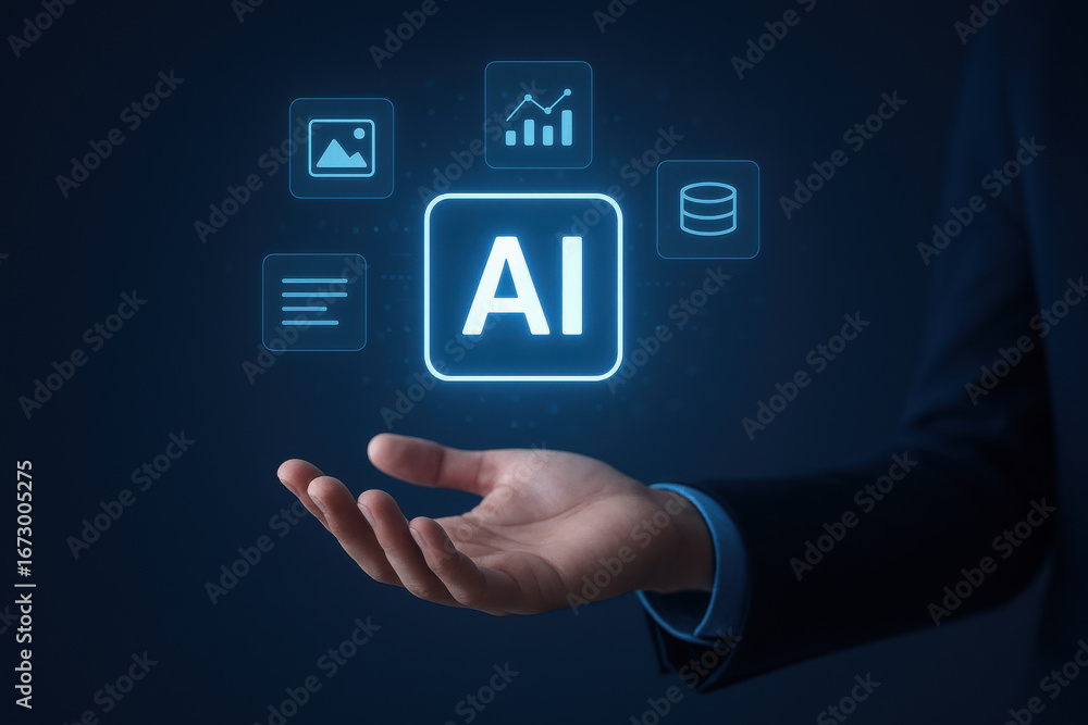 Poster artificial intelligence concept with glowing ai icon and data symbols above hand
