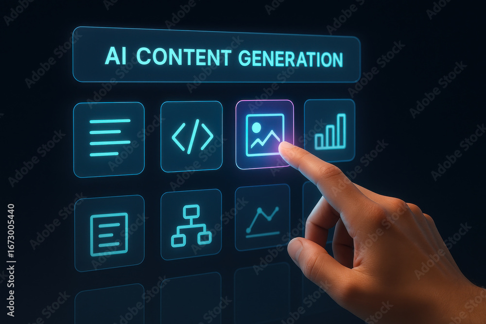 Poster ai content generation interface with hand selecting image icon on digital screen