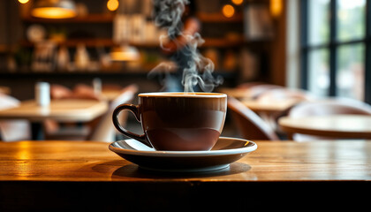 Hot Coffee Cup with Steam on Wooden Table in Cozy Café Interior