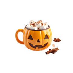 pumpkin face-shaped mug filled with hot chocolate and marshmallows, kawaii 3D, style halloween design, kawaii style, white background