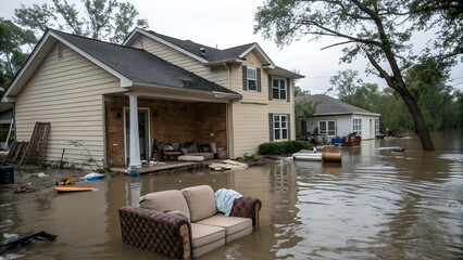 Fototapeta na wymiar “Floodwaters surrounding house with furniture and property floating, symbolizing destruction, home loss, and impact of natural disasters on families and communities.”