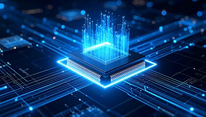 Glowing blue processor chip on circuit board, digital city rising from within