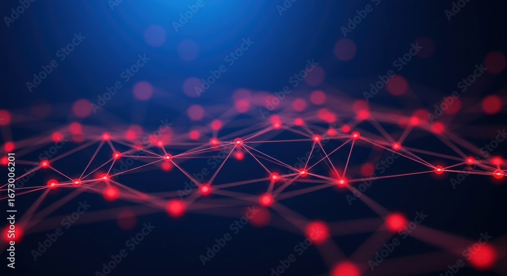 Poster abstract network of red nodes and lines on a blue background