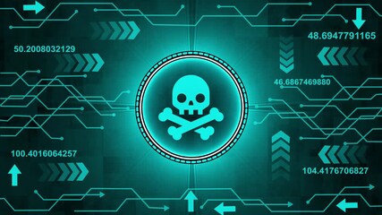 Danger Icon on Digital Hacker Screen. Skull Logo and Icon on Dynamic Technology Background. data processing data processing and computer circuit board. Adware Warning Text on hacking. 4k video. - Powered by Adobe