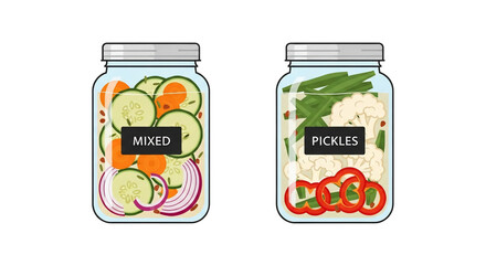 Two Glass Jars Filled with Fresh Pickled Vegetables and Mixed Salad on Transparent Background