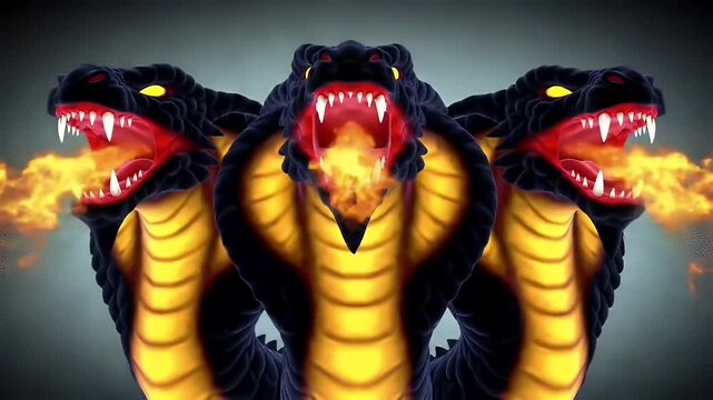 Three Headed Hydra Roaring and Spewing Flames in a Dynamic Animation Featuring Black Scales Yellow Underbelly and Intense Red Mouths Perfect for Fantasy Themes and Mythological Concepts
