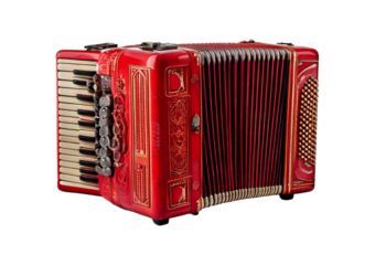 Old red accordion isolated on transparent or white background