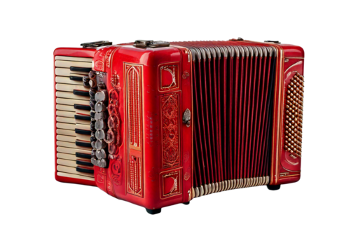 Old red accordion isolated on transparent or white background