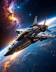 Obraz premium Futuristic spaceship over planet