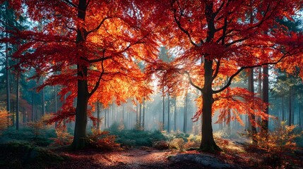 Fototapeta premium Autumn forest with red leaves