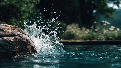Obraz premium A tranquil scene of a splashing water fountain surrounded by a large rock and lush greenery.
