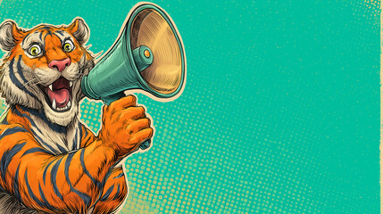 A lion excitedly speaks into a large megaphone