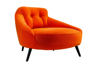 Orange lounge chair with tufted cushion and black legs featuring a rounded shape and modern isolated on transparent or white background