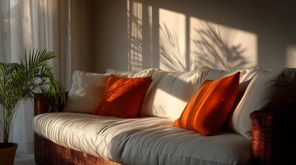 Sofa with orange pillows and plant