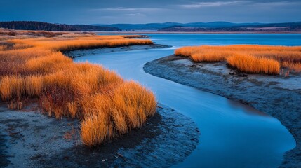 Scenic wetlands creek winding towards a lake under a twilight sky