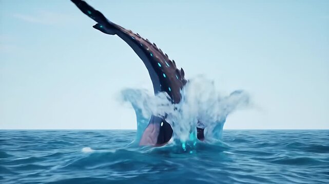 Dramatic Scene of Dark Leviathan Slamming into Ocean Water with Blue Bioluminescent Markings Awe Inspiring Underwater Creature with Mysterious Glowing Patterns and Powerful Water Impact