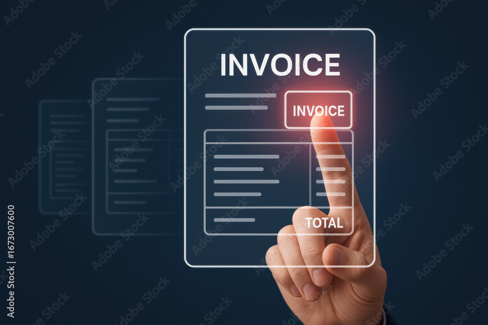 Poster invoice document digital interface with hand pressing button for payment