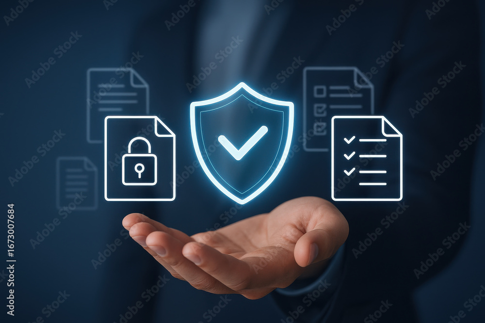 Aufkleber data protection concept with shield and document icons floating above hand