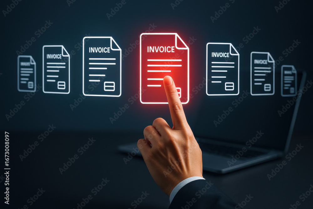 Poster invoice document selection with hand pointing at glowing digital file icon on dark background