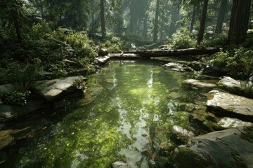 Naklejka premium Peaceful Forest Pond With Sunlight Reflections