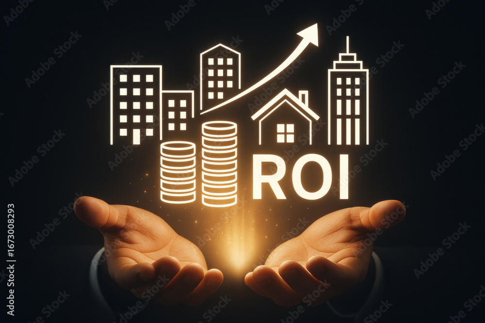 Poster return just description and keywords format specifiedroi investment concept with glowing coins