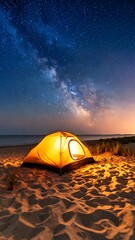 Illuminated tent on sandy beach under starry night sky