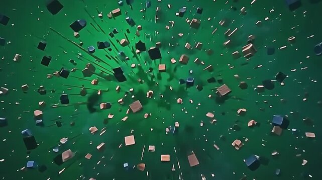 Explode pixel glitch screen visuals surge energetically, pixel fragments scattering clearly over a uniform green background to facilitate advanced video effects.