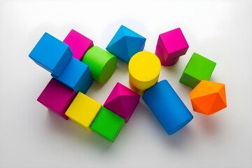 Obraz premium Colorful Geometric Blocks and Shapes on White Background Playful Education Toy Concept